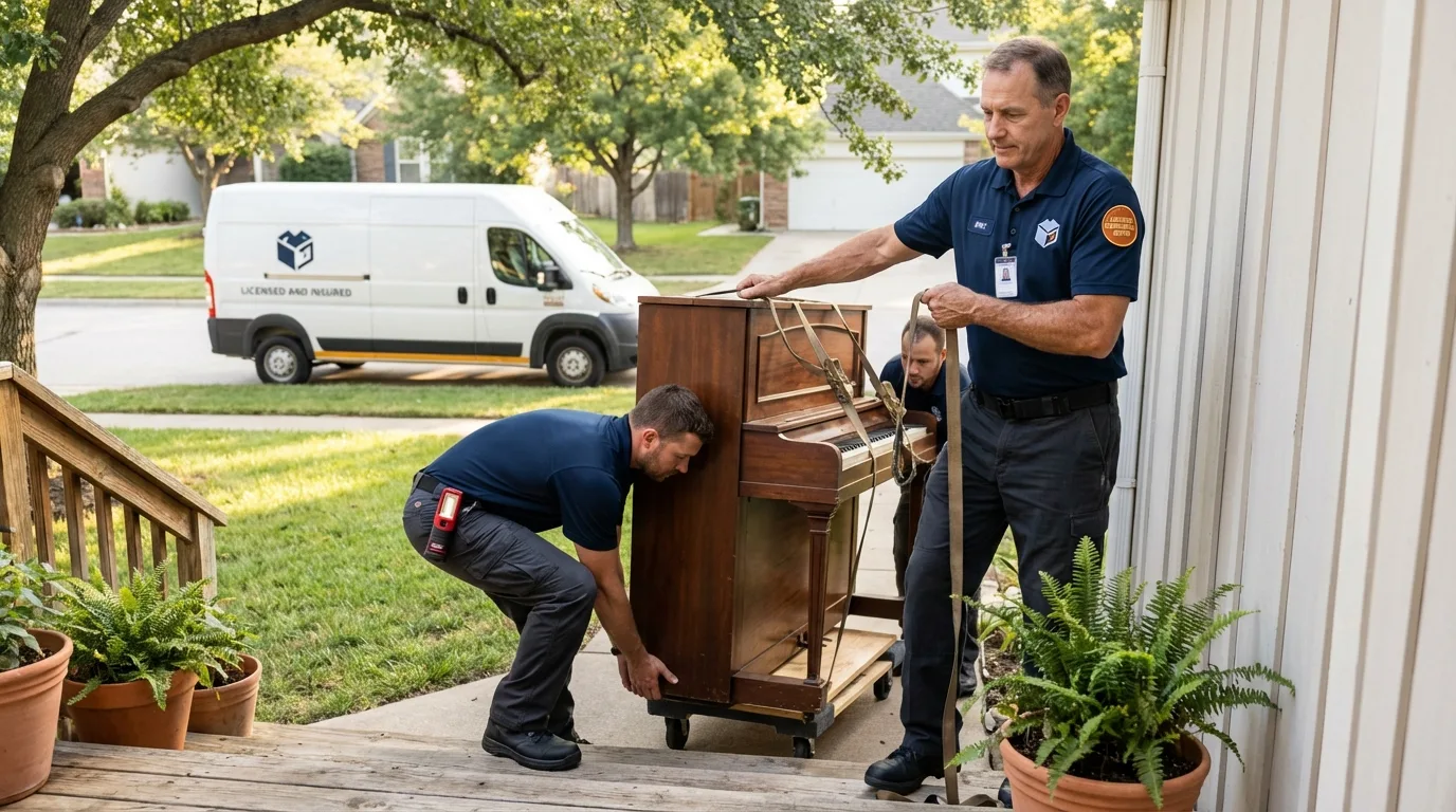 Licensed piano movers securing grand piano in Dayton, NJ