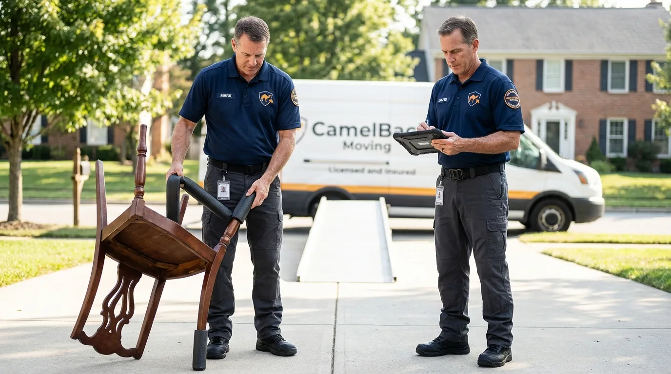 Movers inspecting furniture for damage prevention before loading in Dayton, NJ