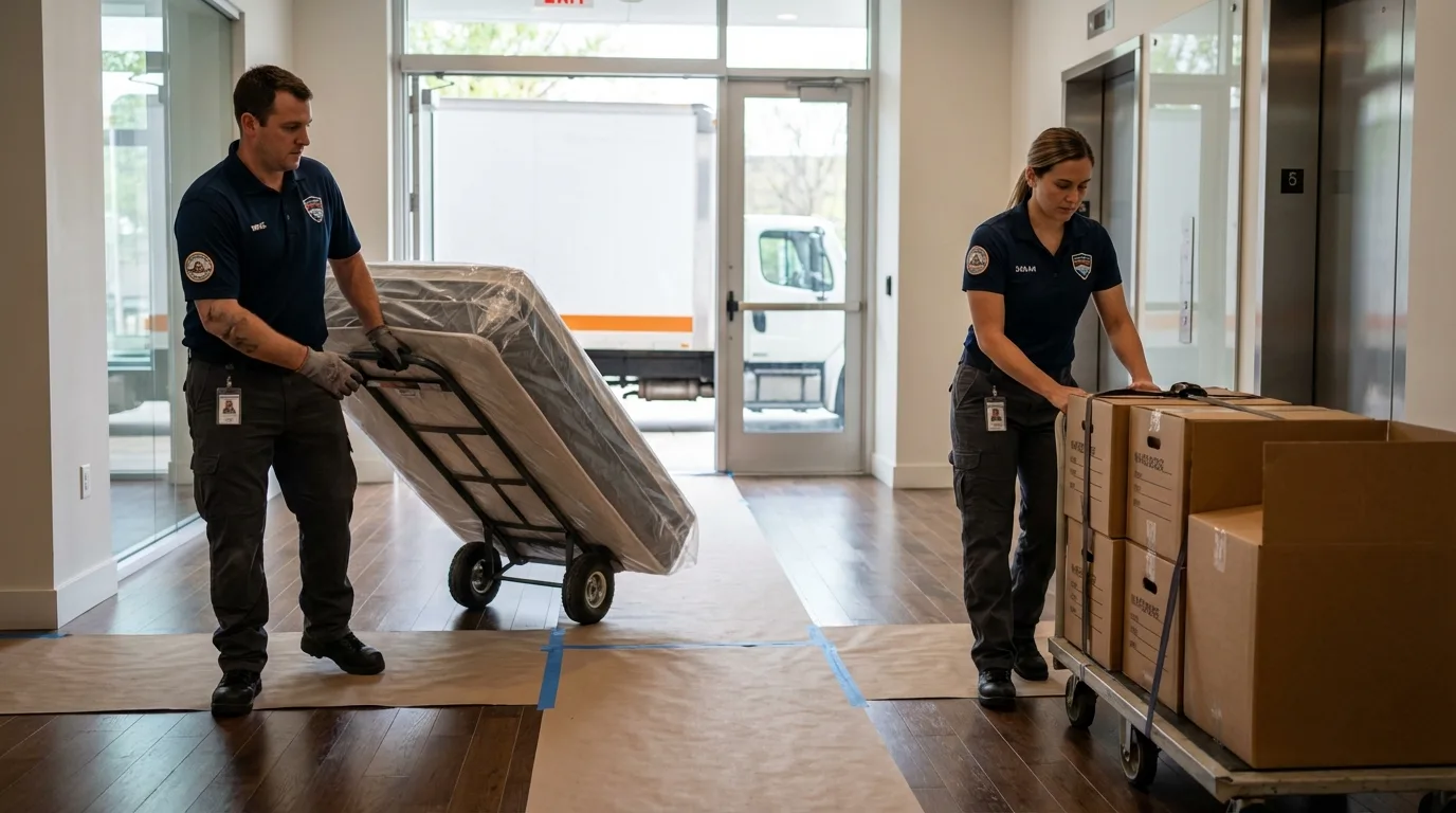 Professional apartment movers loading elevator in Dayton, NJ